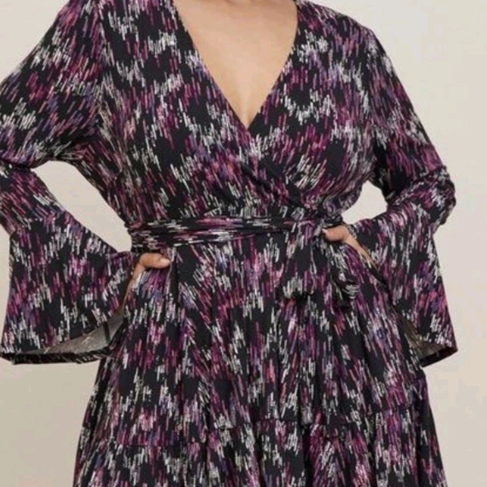 Mini Studio Knit Tiered Dress | Black Purple Print Long Ruffle Sleeve Size 2